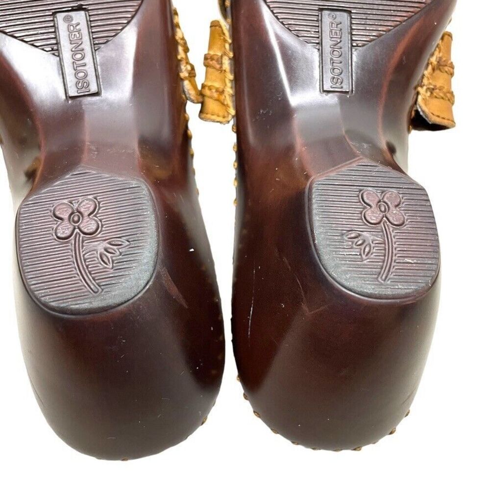 Isotoner Brown Leather Braided Detail Slip On Wedge Heel Sandals Slides Size 8.5 - Picture 9 of 12